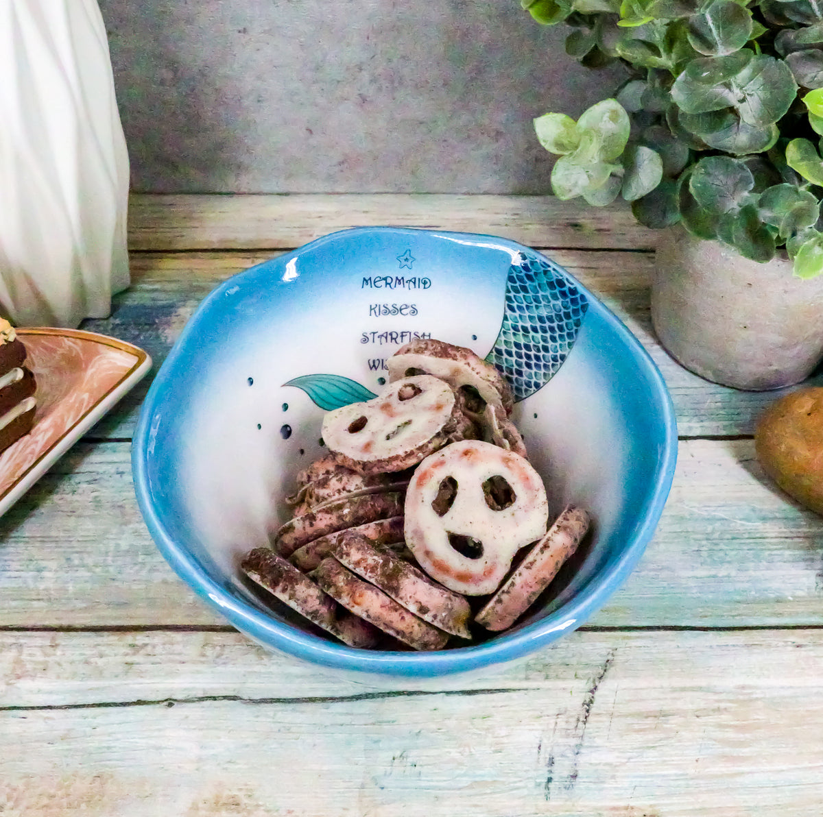 Ebros Nautical Blue Mermaid Kisses Starfish Wishes Small Soup Bowl 16oz Set of 2