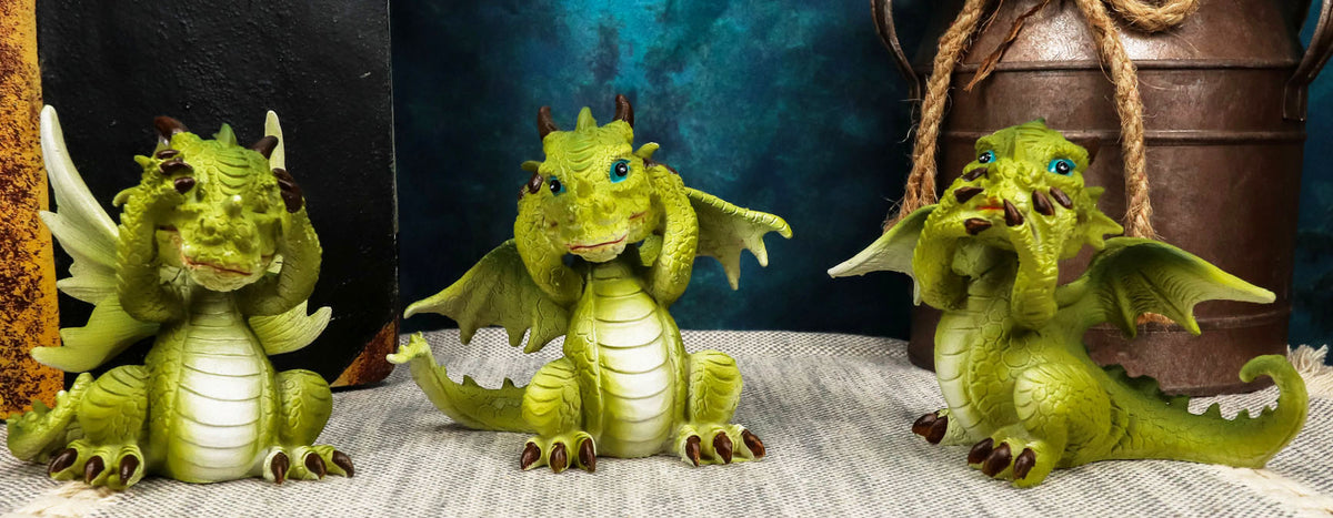 Ebros 3 Wise Dragon Set See Hear Speak No Evil Whimsical Green Dragons Mini Figurines