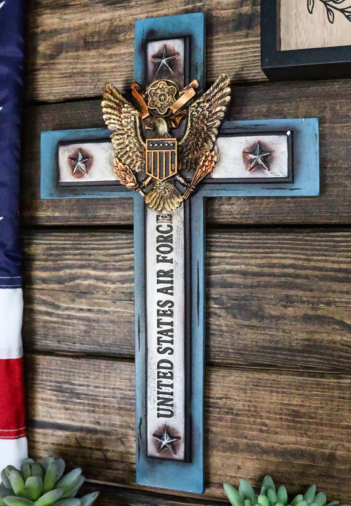 Western USA Air Force Patriotic Bald Eagle Emblem Blue Memorial Wall Cross