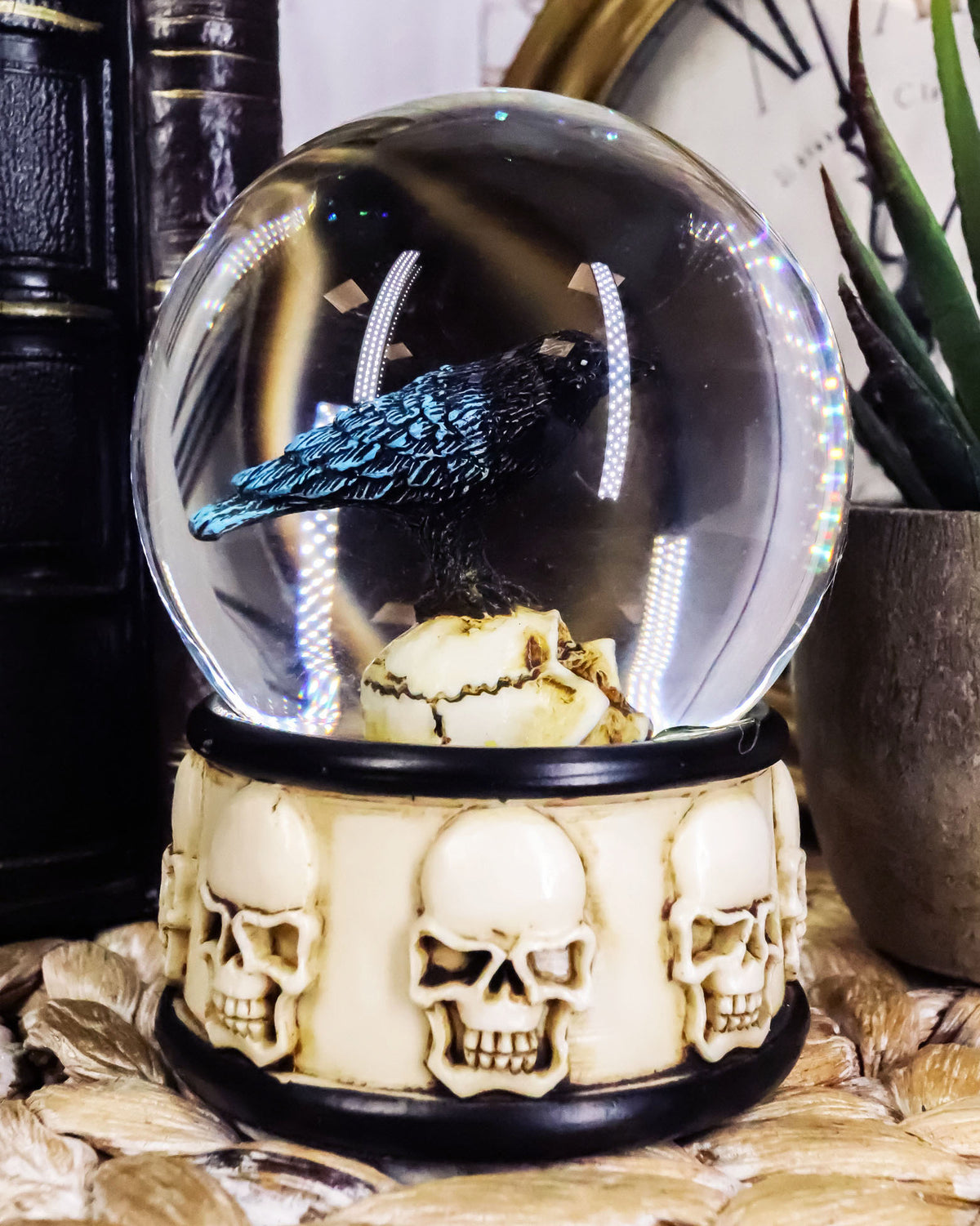 Small Gothic Day Of The Dead Edgar Allan Poe Raven On Skull Glitter Water Globe