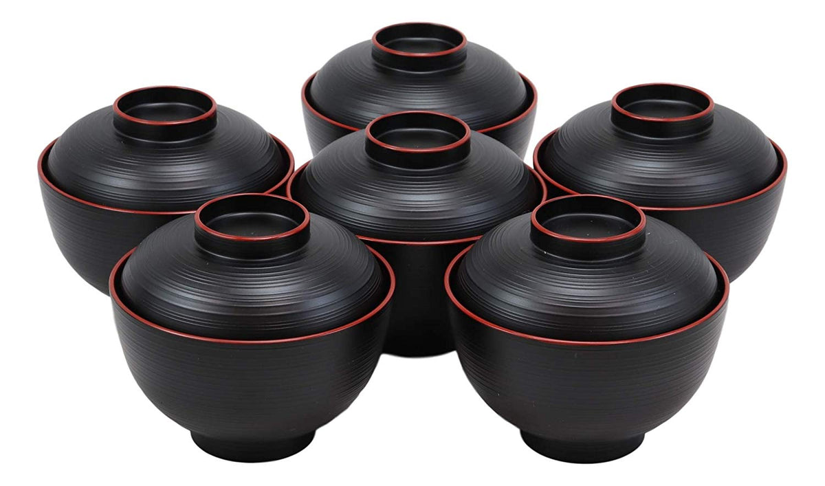Made In Japan Traditional Black Red Lacquer Plastic Bowls With Lid Set Pack of 6