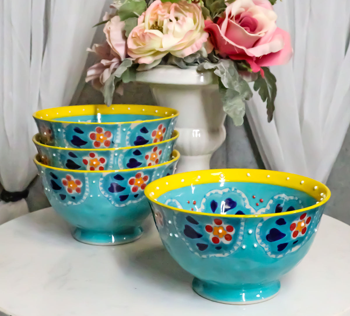 Ebros Set of 4 Luxury Ottoman Style Textured Dining Bowls 5.75"Diameter Made Of Ceramic Ideal For Home Decor Dinnerware & Giftware (Ocean Blue)