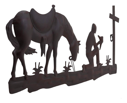 Ebros Gift 21" Wide Wild West Kneeling Cowboy with Horse in Solemn Prayer by The Cross Metal Aluminum Wall 3D Art Sign Plaque Inspirational Vintage Western Country Decor Sculpture - Ebros Gift