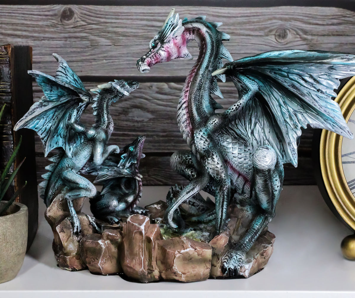 Narygos Blue Iceberg Mother Dragon With Baby Dragons Statue Home Decor Fantasy - Ebros Gift