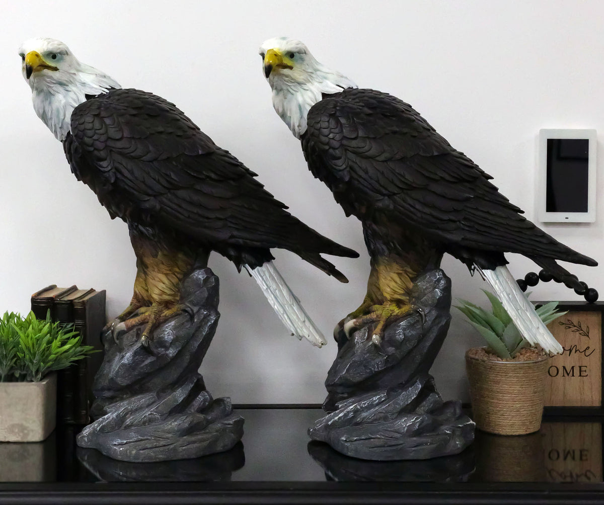Pack of 2 Large 20"H Lifelike Patriotic American Bald Eagle On Rock Figurines