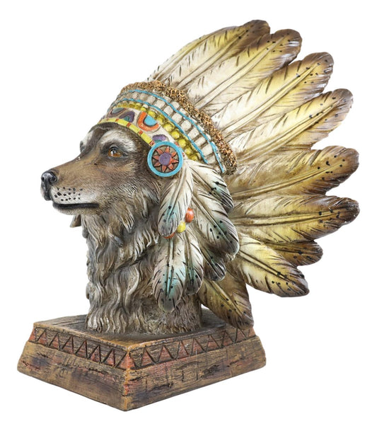 Rustic Western Tribal Indian Warrior Chief Headdress Wolf Figurine With Base