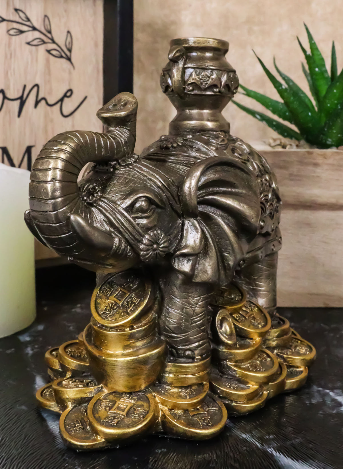 Ebros Feng Shui Auspicious Elephant With Trunk Up Standing On Gold Ingot Coins Statue