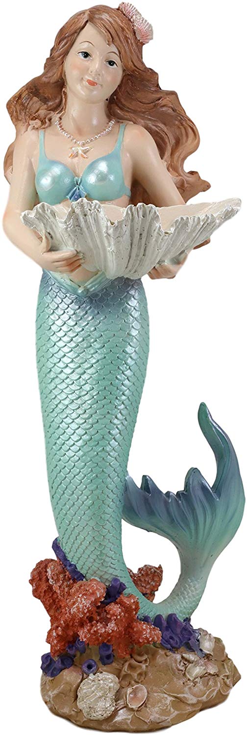 Ebros 17" Tall Mermaid with Giant Oyster Shell Dish Votive Candle Holder Statue - Ebros Gift