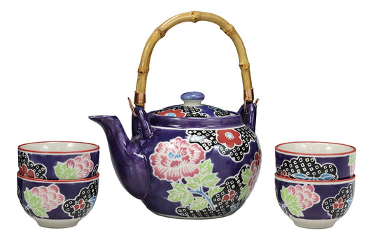 Ebros Space Purple Victorian Colorful Large Floral Blooms 25oz Tea Pot With 4 Cups Set
