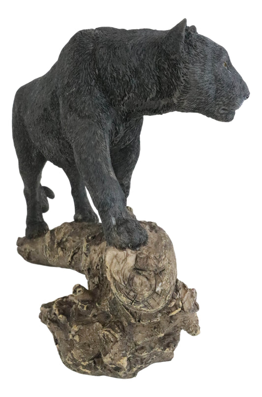Ghost Hunter Black Panther Cougar On Weathered Tree Log Statue Jaguar Decor