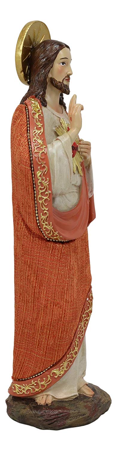 Ebros Colorful Hand Painted Sacred Heart of Jesus Devotional Statue in Linen Fabric Garment 12" H Roman Catholic Christus Christ The Savior Passion for Mankind Devotion Altar Figurine