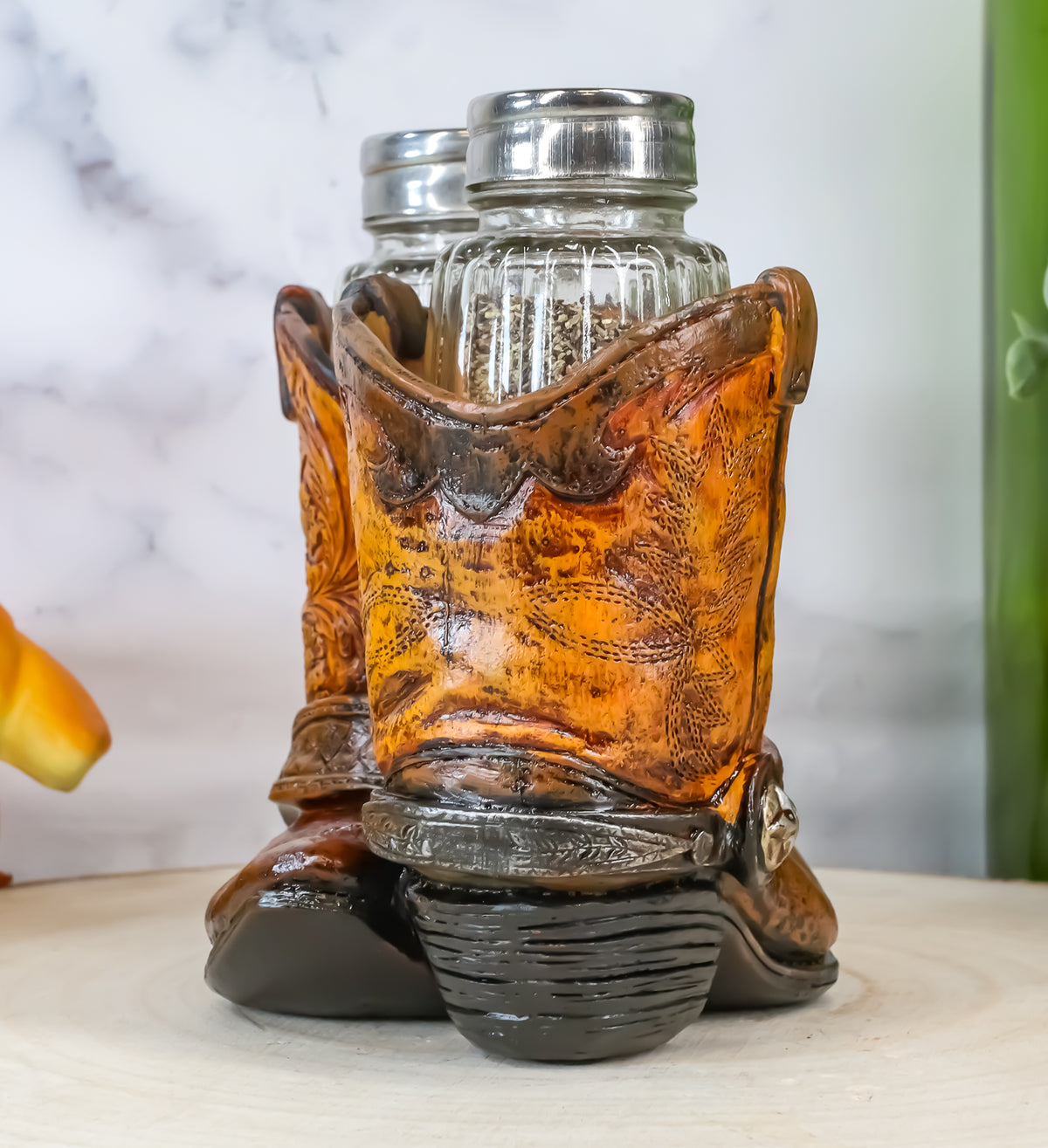 Ebros Fancy Pair Of Cowboy Boots W/ Texas Star Salt & Pepper Shakers Holder Set