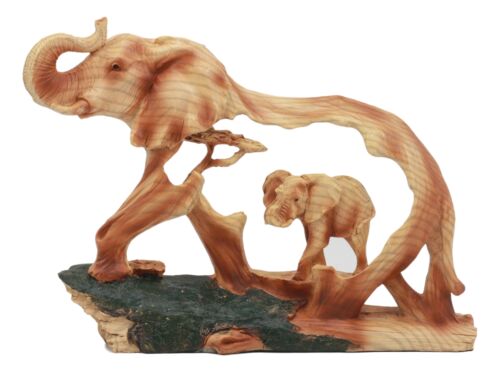 Ebros Elephant and Baby Walking in The Jungle Statue 9" Long Faux Wood Resin Wildlife Safari Elephant Family Scene Figurine - Ebros Gift