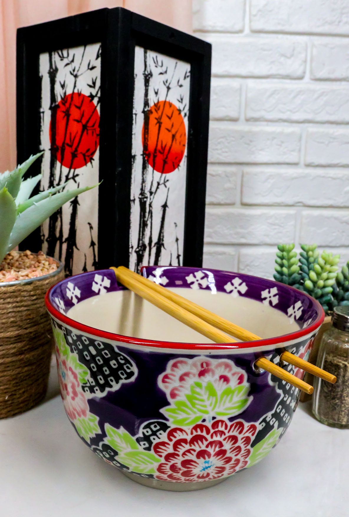 Ebros Victorian Colorful Floral Blooms Ramen Udon Noodles Large 6.25" Diameter Soup Bowl With Built In Rest and Bamboo Chopsticks Set for Rice Pasta Salad