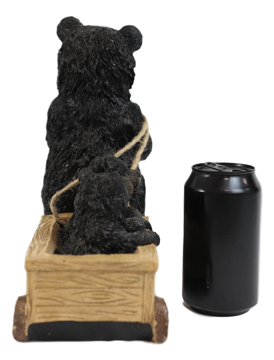 Rustic Black Bear Mother With Cubs Sitting in Wooden Cart Wagon Welcome Statue