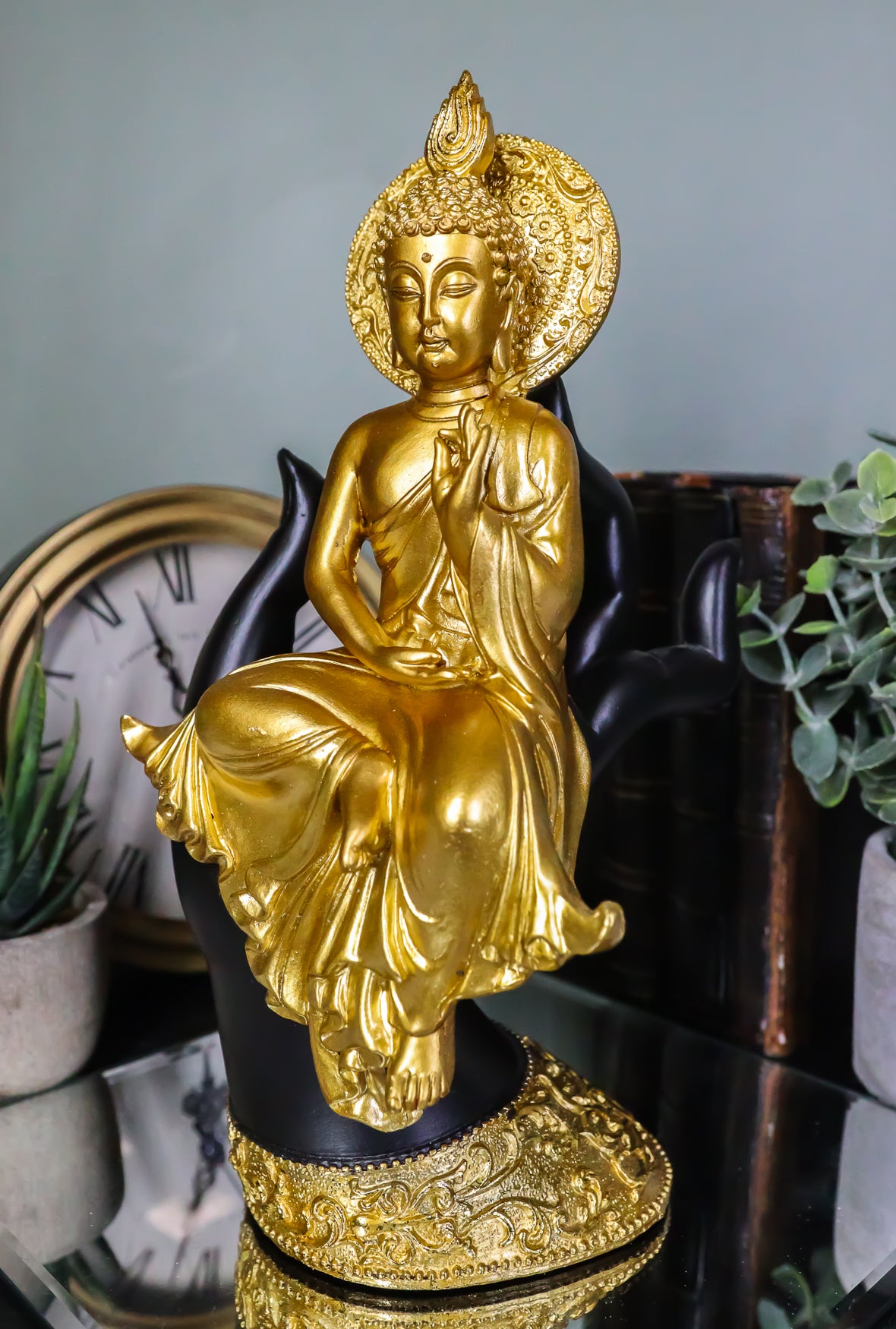 Feng Shui Golden Fire Buddha Gautama Meditating On Black Mudra Hand Figurine