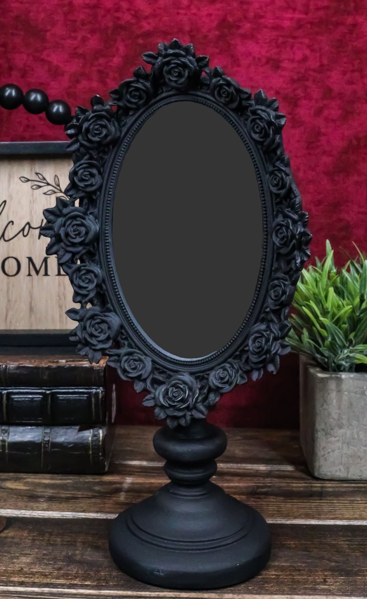 Victorian Black Gothic Roses Floral Vanity Dresser Desktop Table Mirror Decor