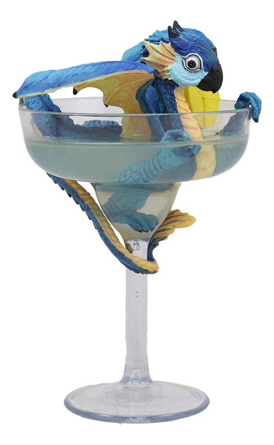 Fantasy Blue Scarlet Macaw Parrot Dragon Perching On Margarita Glass Statue Art