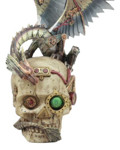 Ebros Steampunk Robotic Dragon Perching On Cyborg Terminator Skull Statue 12" Tall Victorian Sci Fi Legendary Dragon Collectible