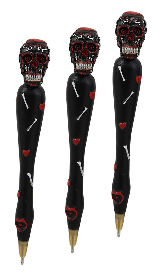 Ebros Dias De Los Muertos Day Of The Dead Sugar Skull Pen Set of 3 Ossuary