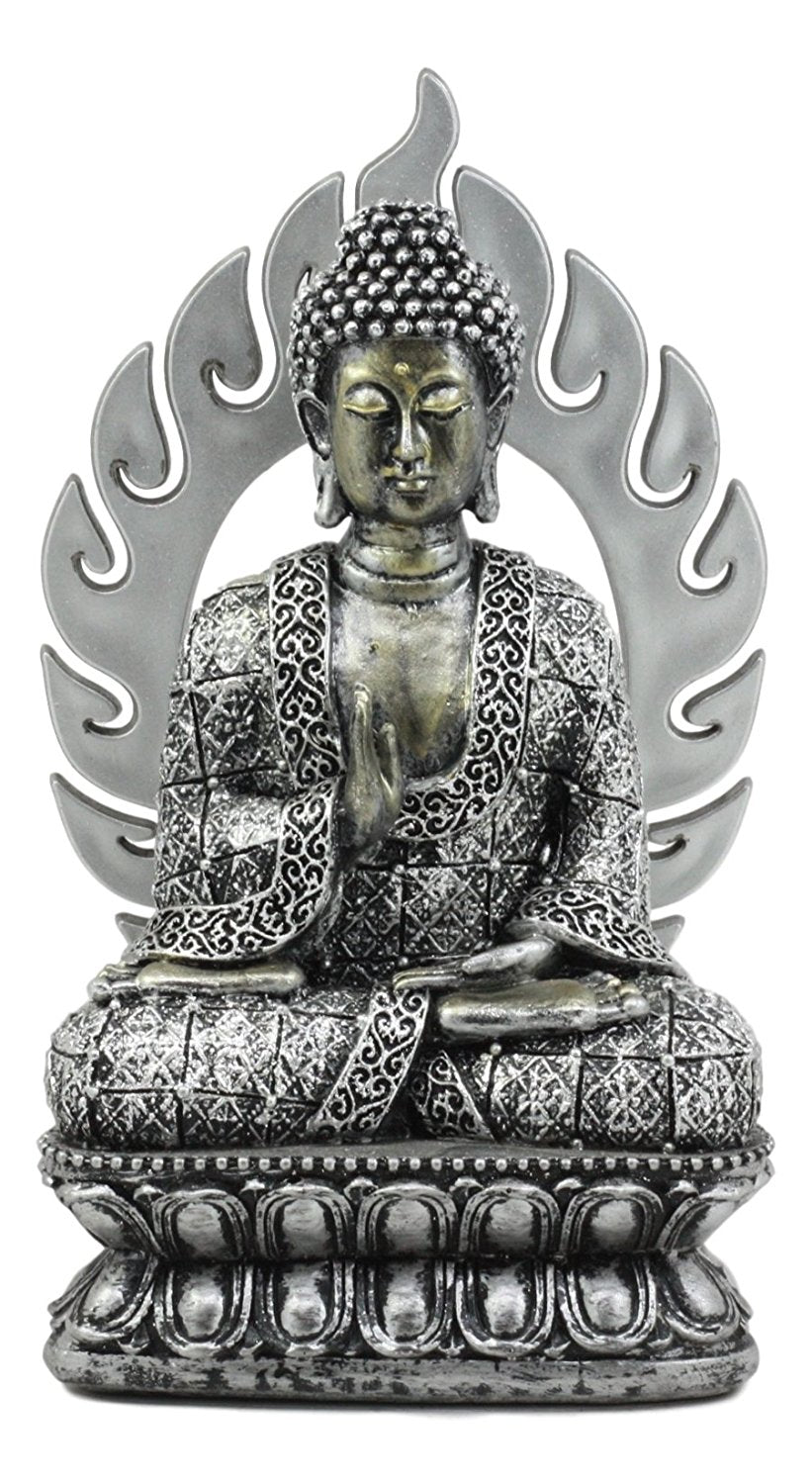 Ebros Eastern Enlightenment Silver Meditating Buddha Seated On Fire Throne Statue 8.25"Tall Qi Soul Fire Element Polyresin Sculpture Buddhism Figurine - Ebros Gift