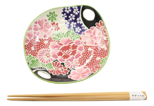 Pink Cherry Blossoms Small Appetizer Coupe Plate Flat Bowl With Chopsticks Set - Ebros Gift