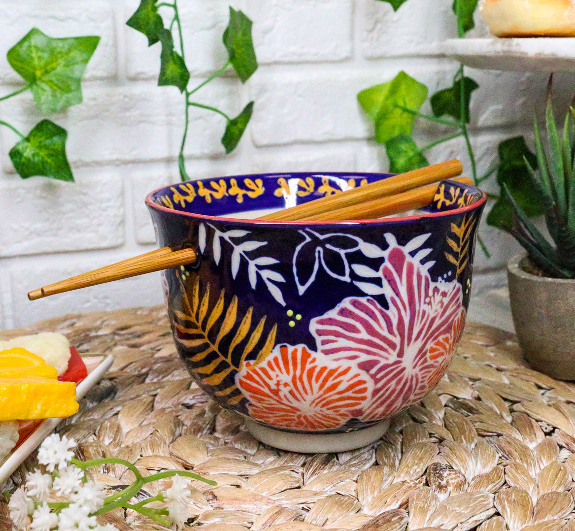 Ebros Pack Of 2 Leaves And Flowers Ramen Noodles Soup Bowl With Bamboo Chopsticks Set