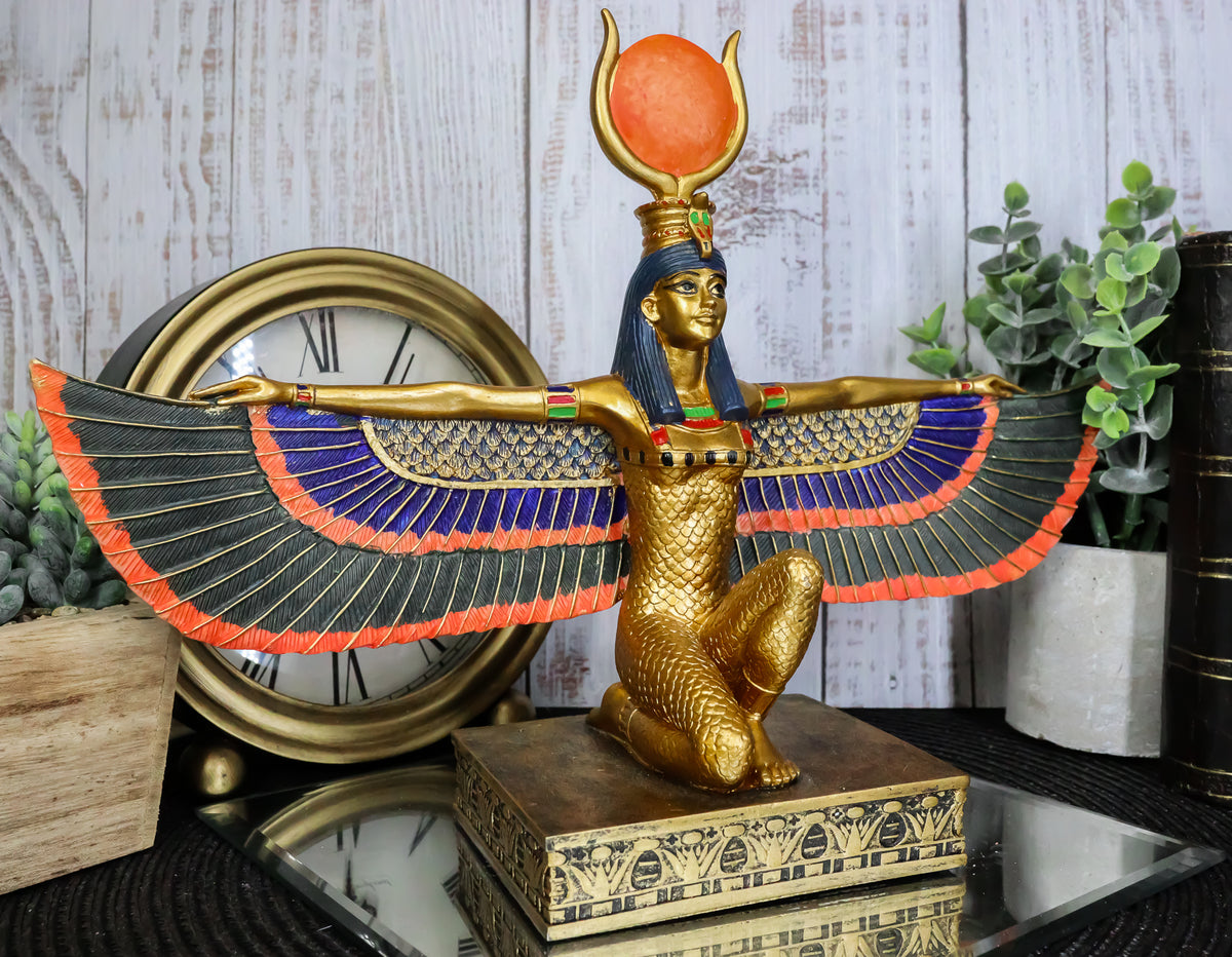 Egyptian Goddess Of Motherhood Kneeling Isis With Open Wings Statue 12.75"Long