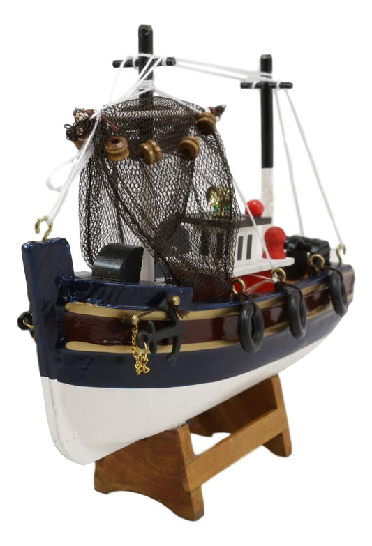 Ebros 6.25" Long Colorful Wooden Handicraft Nautical Ocean Marine Trawler Fishing Boat Model Statue with Wood Base Stand Fully Assembled Figurine Sea Ship Prototype Museum Gallery Sculpture