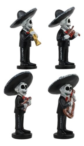Ebros 4"Tall Fiesta Squad Day Of The Dead Skeleton Mariachi Band Statue Set of 4 Violin Guitarron Guitar And Trumpet Player Dias De Muertos Figurine Decor Set Or As Wedding Cake Toppers