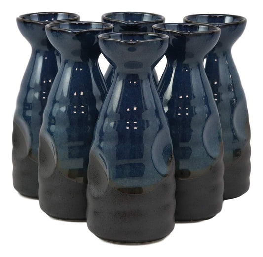 Glazed Ceramic Blue And Black Japanese Wine Sake Tokkuri Flask Pack of 6 Flasks