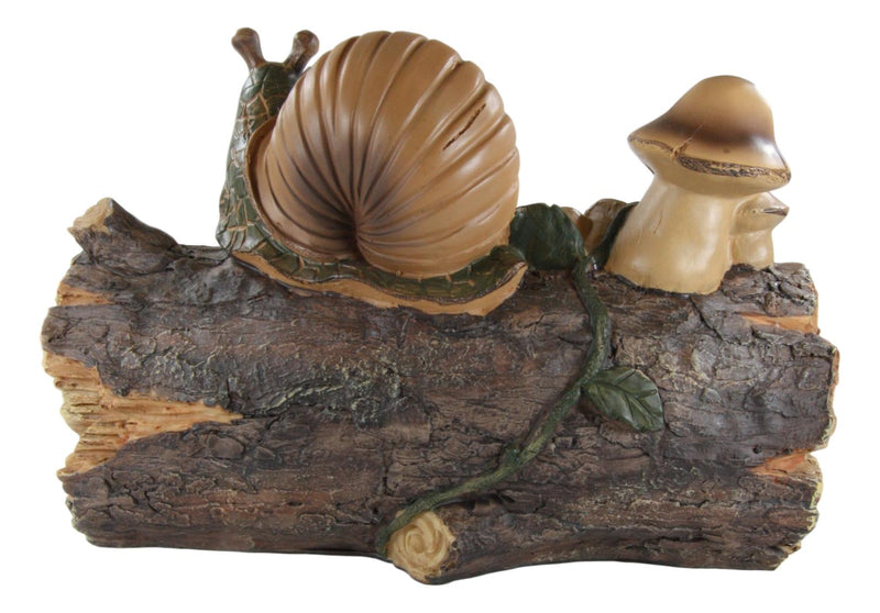 Helix Shell Snail By Mushrooms On Trunk Log With Slow Down Enjoy Sign Figurine