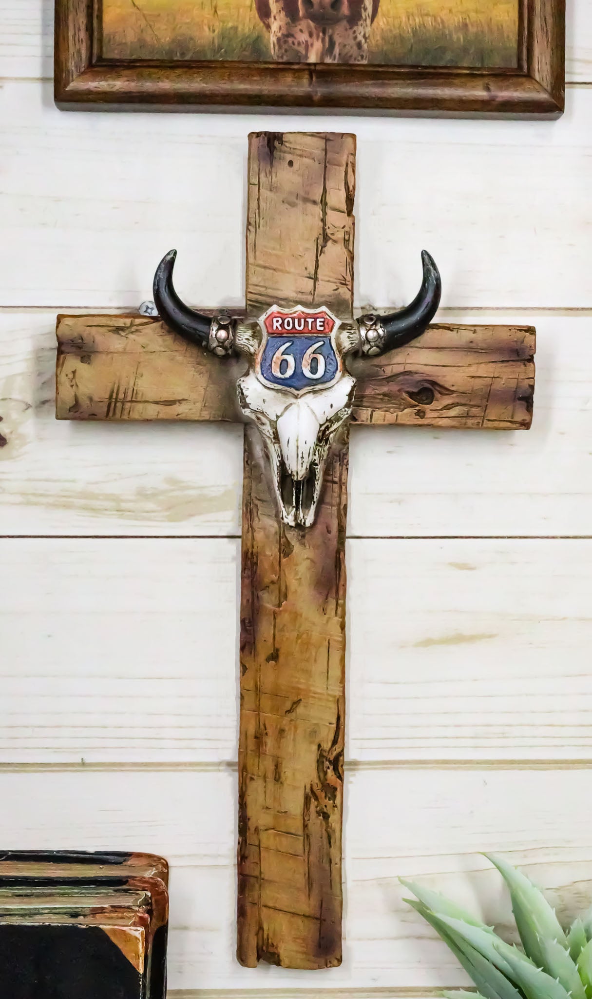 Rustic Western Cow Skull Nostalgic Route 66 Highway Sign Faux