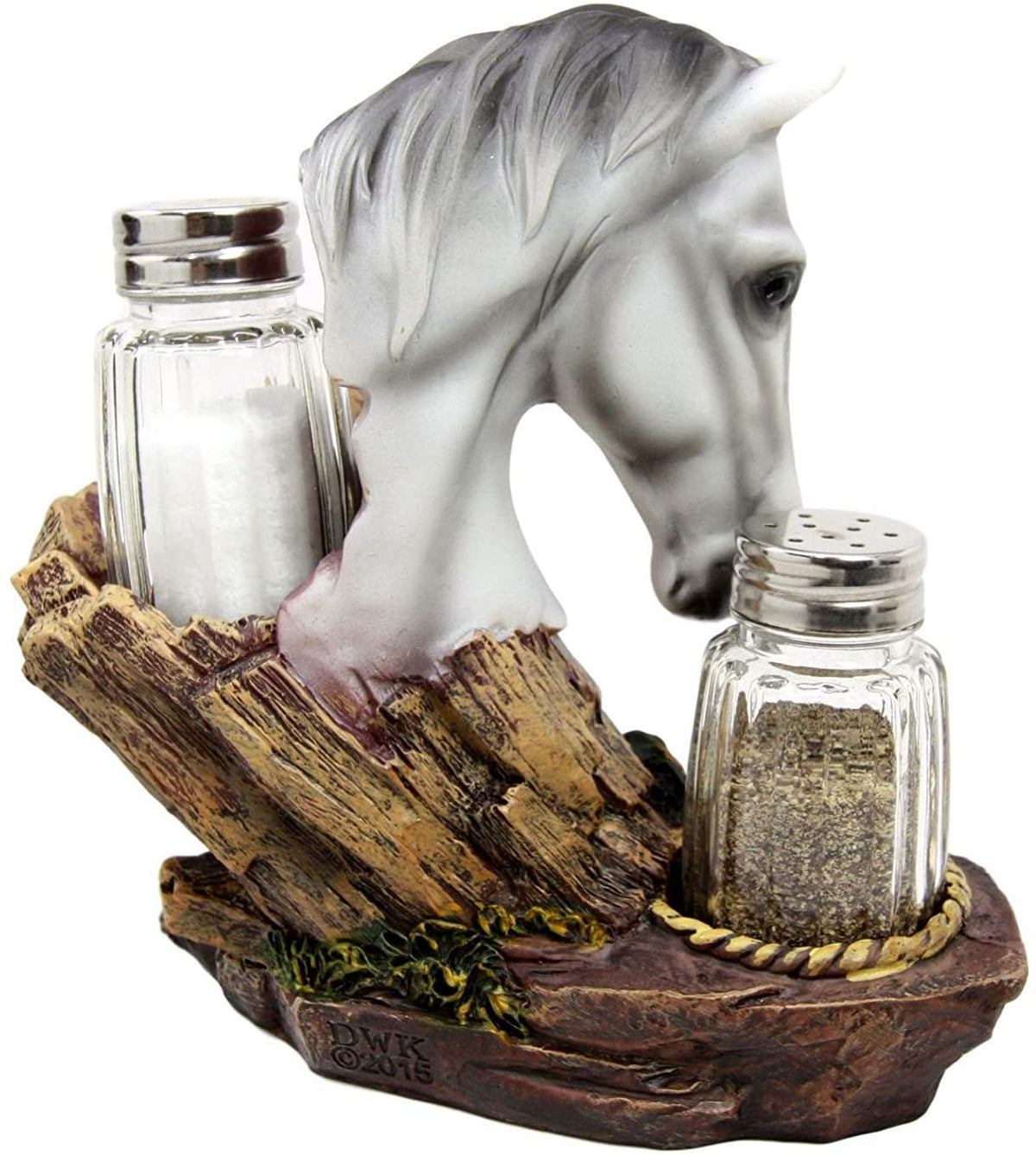 Ebros White Horse By Wagon Wheel Glass Salt Pepper Shakers Holder Set 6.25"H