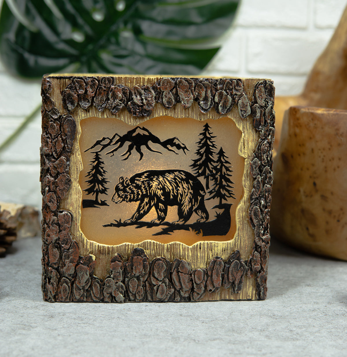 Rustic Pine Forest Black Bear Faux Carved Wood Bark Night Light Lamp Sculpture