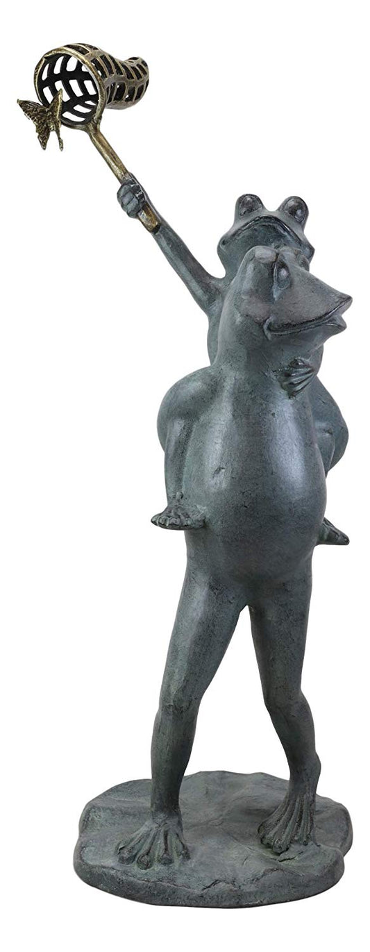 Ebros Gift 25.25" Tall Aluminum Metal Whimsical Father and Son Frog Family with Net Chasing Butterfly Garden Statue Frogs Patio Pool Pond Lawn Yard Decorative Sculpture Feng Shui Zen Accent - Ebros Gift