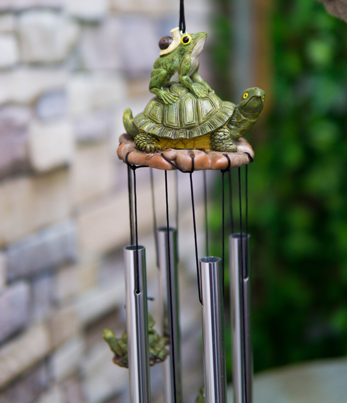 Ebros Tortoise Piggybacking Green Frog With Snail Garden Patio Wind Chime Decor