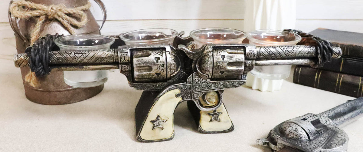 Western Cowboy Dual Crossed Sheriff Revolver Pistols 4 Votives Candle Holder