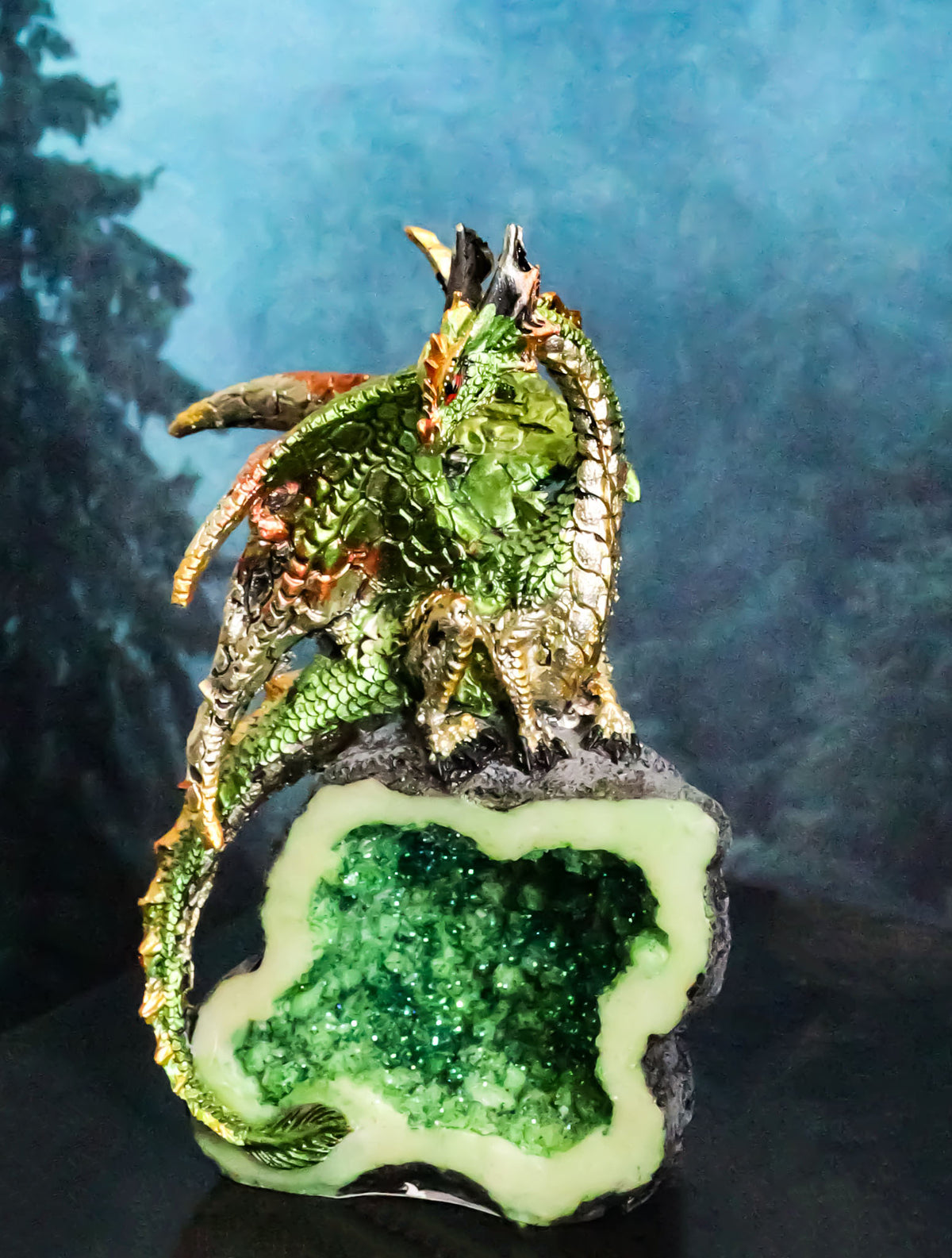 Terra Green Iridescent Dragon On Faux Geode Rock Quartz Crystal Cove Figurine