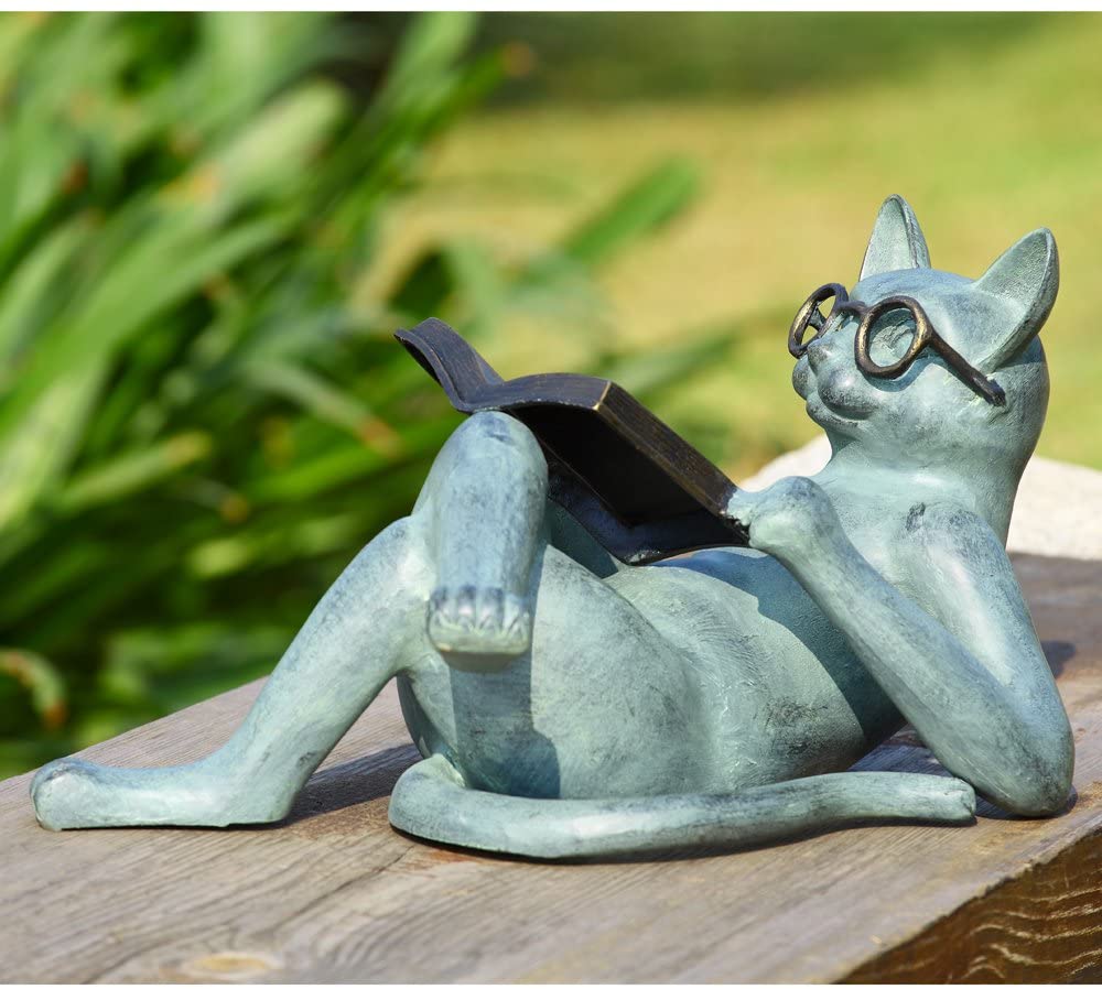 Outdoor Garden Bookworm Feline Cat With Glasses Enjoying The Weather Statue