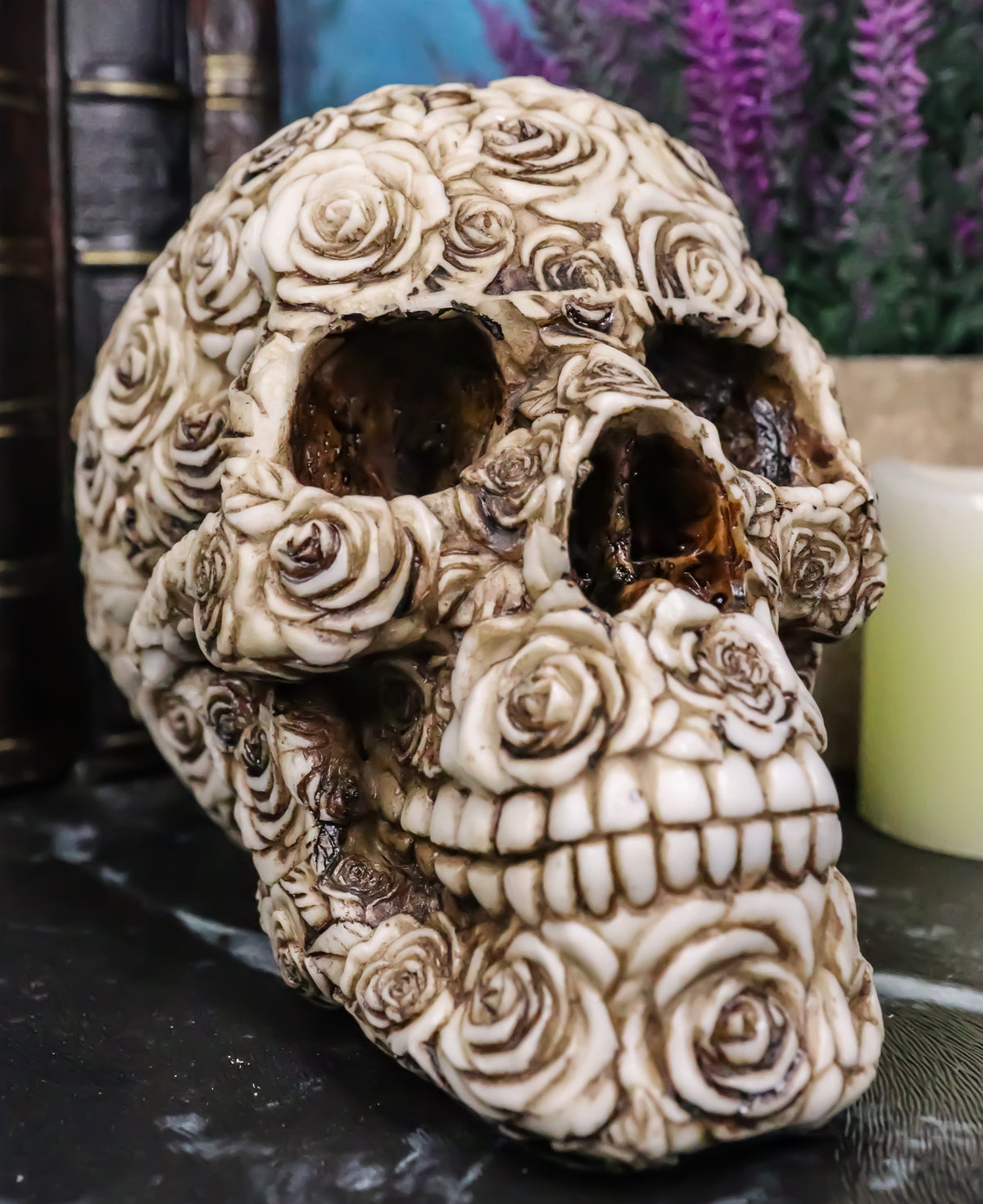 Ebros Tooled Ornate Floral Skull Figurine DOD Rose Sugar Skulls Statue 6.5"L