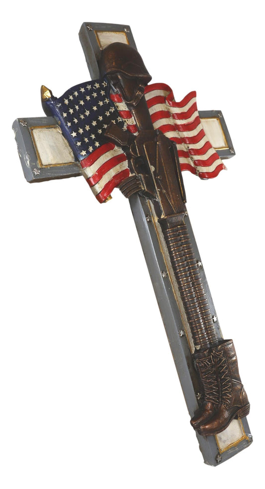 Rustic USA Flag American Fallen Soldier Helmet Rifle Boots Memorial Wall Cross - Ebros Gift