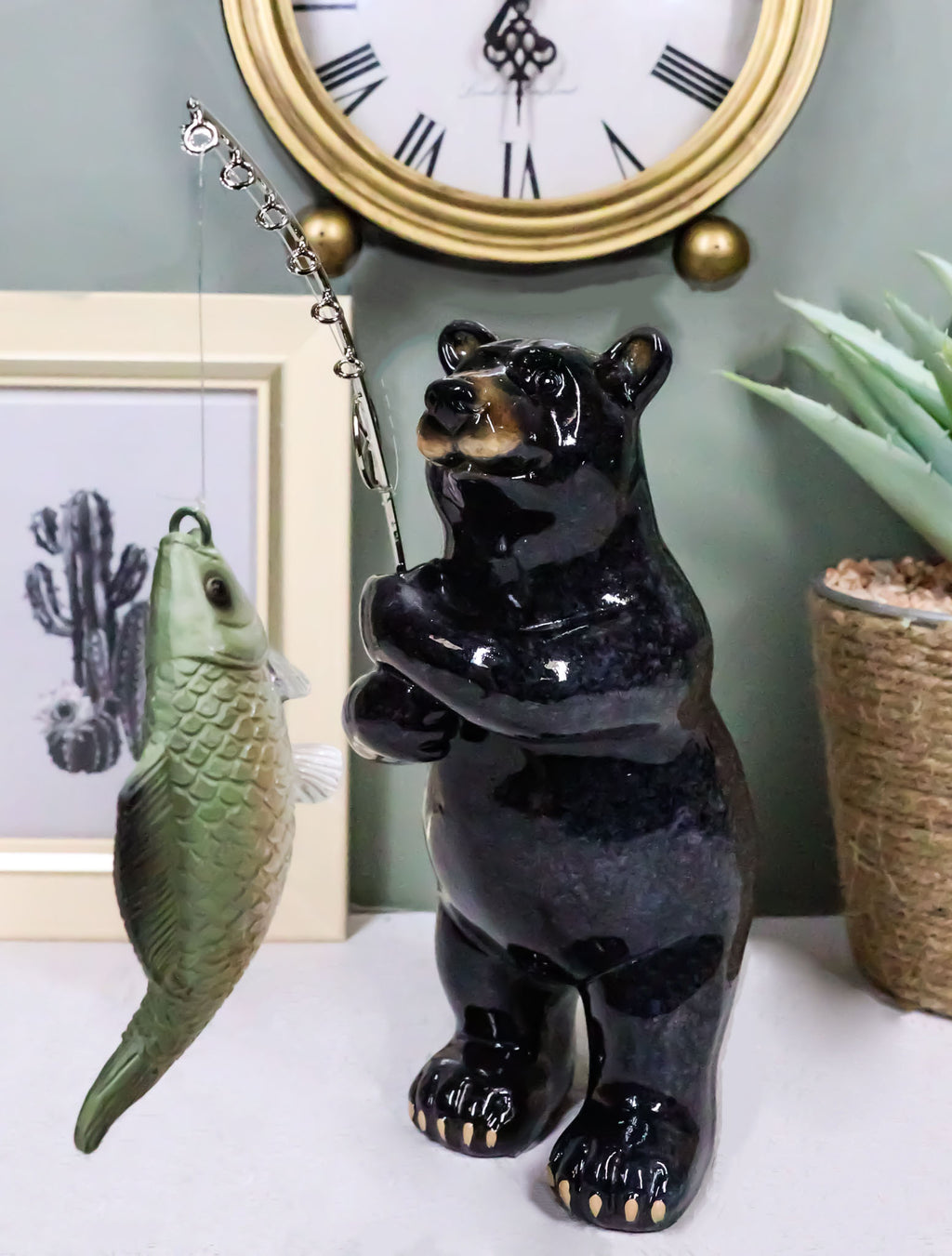 black bear fishing pole Western Rustic Black Bear Fishing Largemouth Bass Figurine Decorative Bears