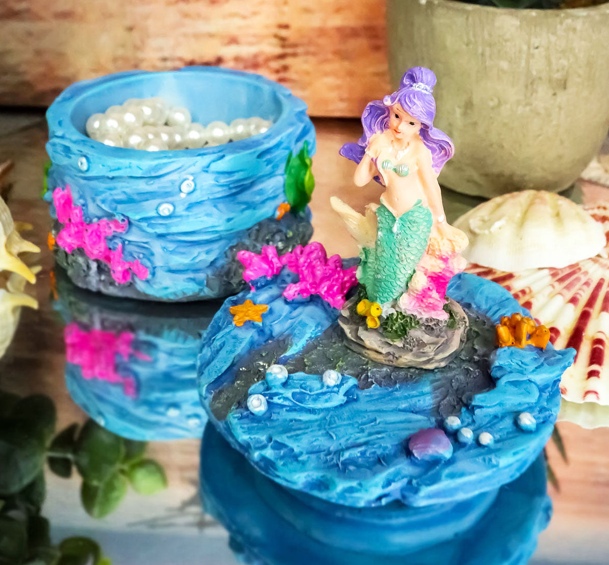 Beautiful Mermaid Mergirl Sitting On Rock By Corals Mini Decorative Box Figurine