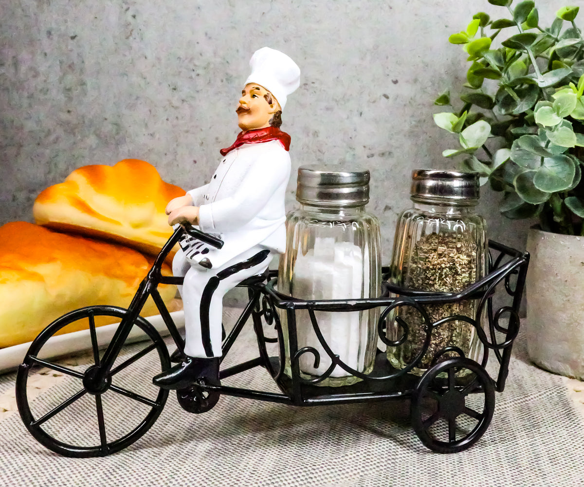 Ebros French Bistro Chef Riding On Bicycle Spice Cart Salt And Pepper Shakers Holder Figurine 6"Tall Iron Chef Spice Delivery - Ebros Gift
