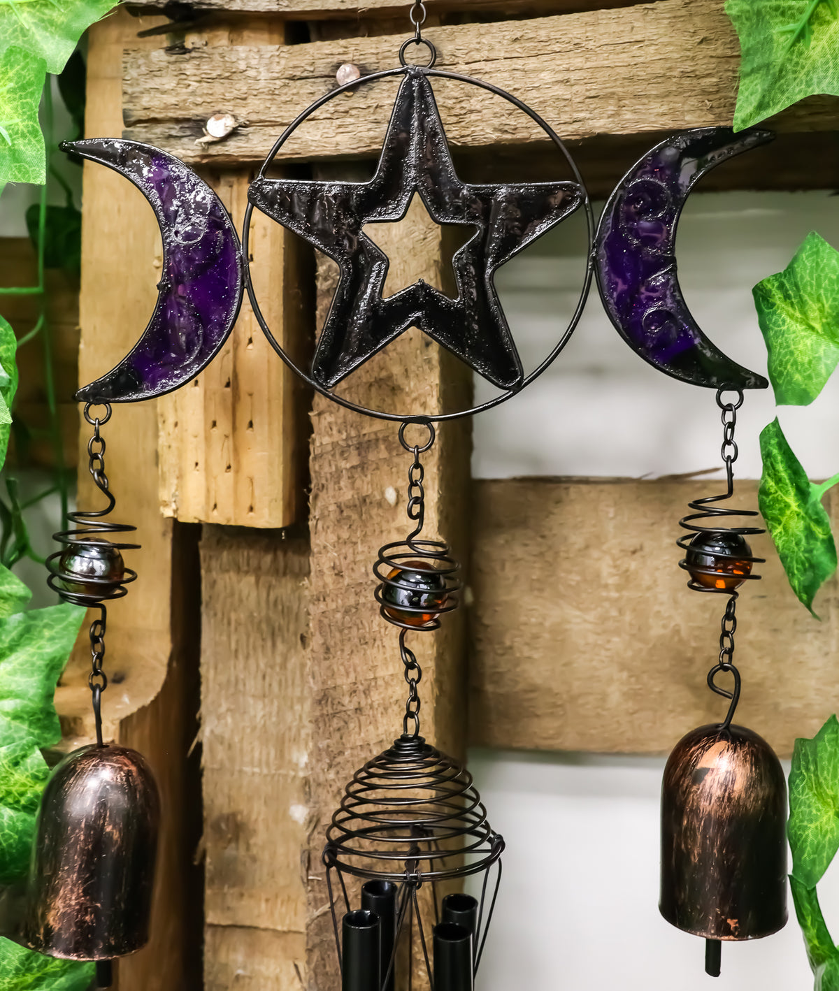 Stained Glass Triple Moons Pentagram Sacred Geometry Metal Wind Chime Suncatcher