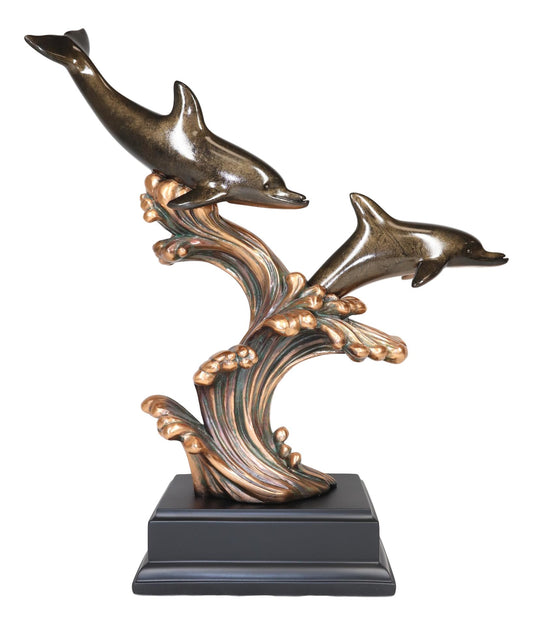 Ebros Nautical Marine 2 Dolphins Surfing Ocean Waves Electroplated Bronze Resin Statue - Ebros Gift