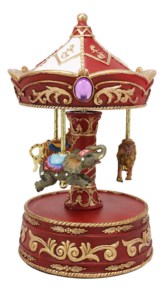Ebros Carnival Merry Go Round Circus Elephant Tiger and Lion Red Musical Carousel Statue Playing Toyland Tune 8.5" Tall Clockwork Mechanism Roundabout Fantasy Theme Park Ride Mini Decor Sculpture