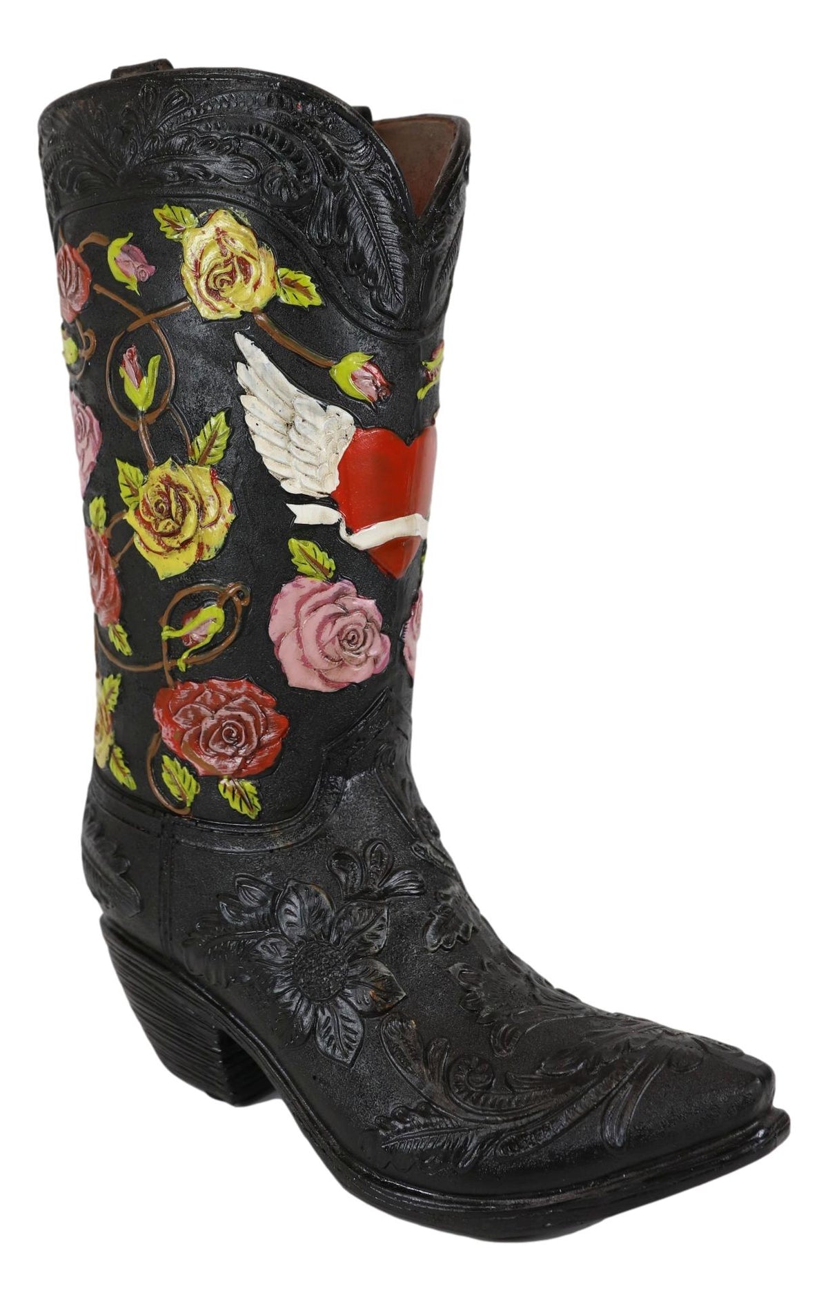 Western Black Cowboy Boot With Vine Roses And Angel Winged Heart Vase Sculpture