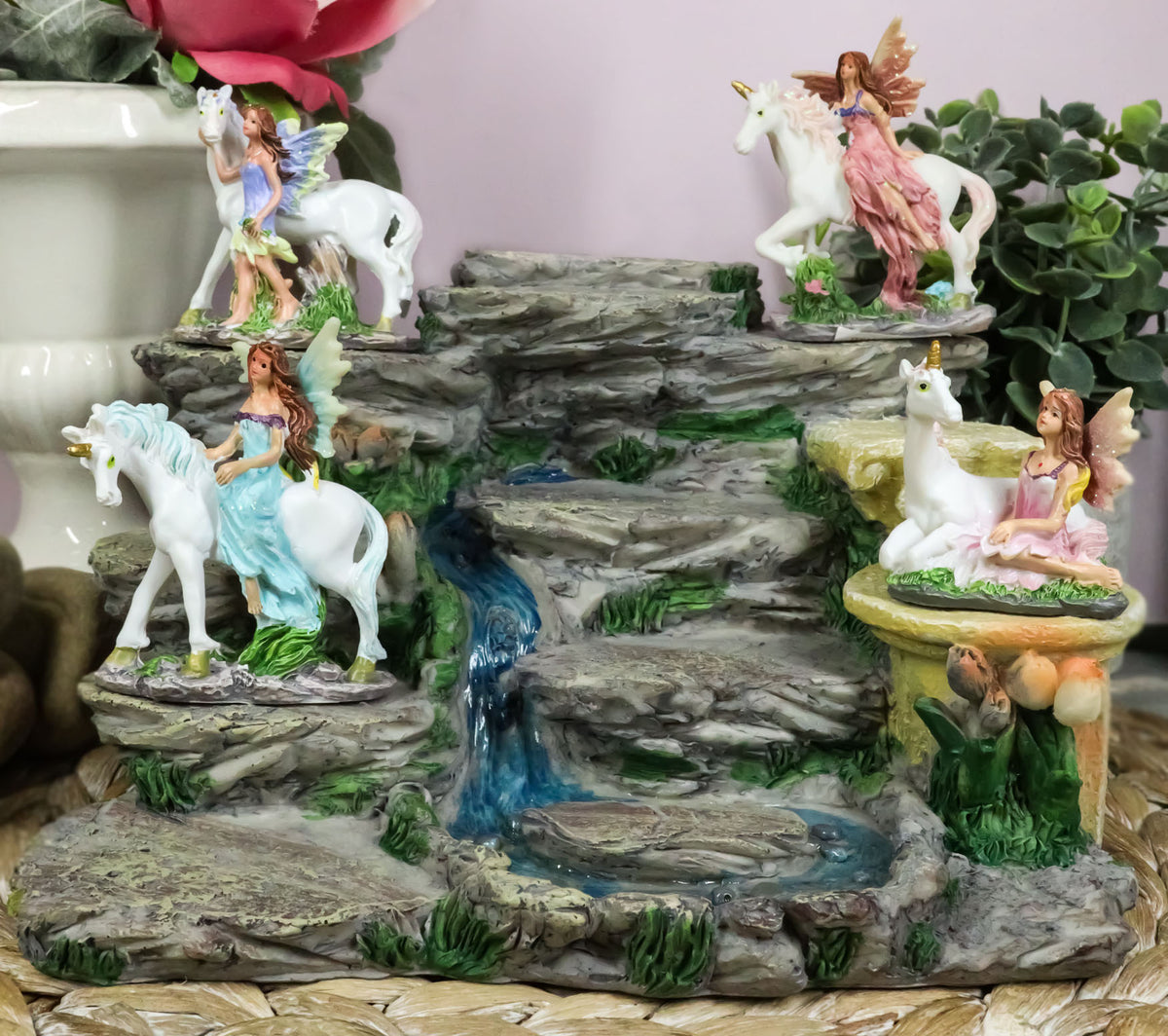 Miniature Fairies & Unicorns With Mountain Waterfall of Youth Display Figurine